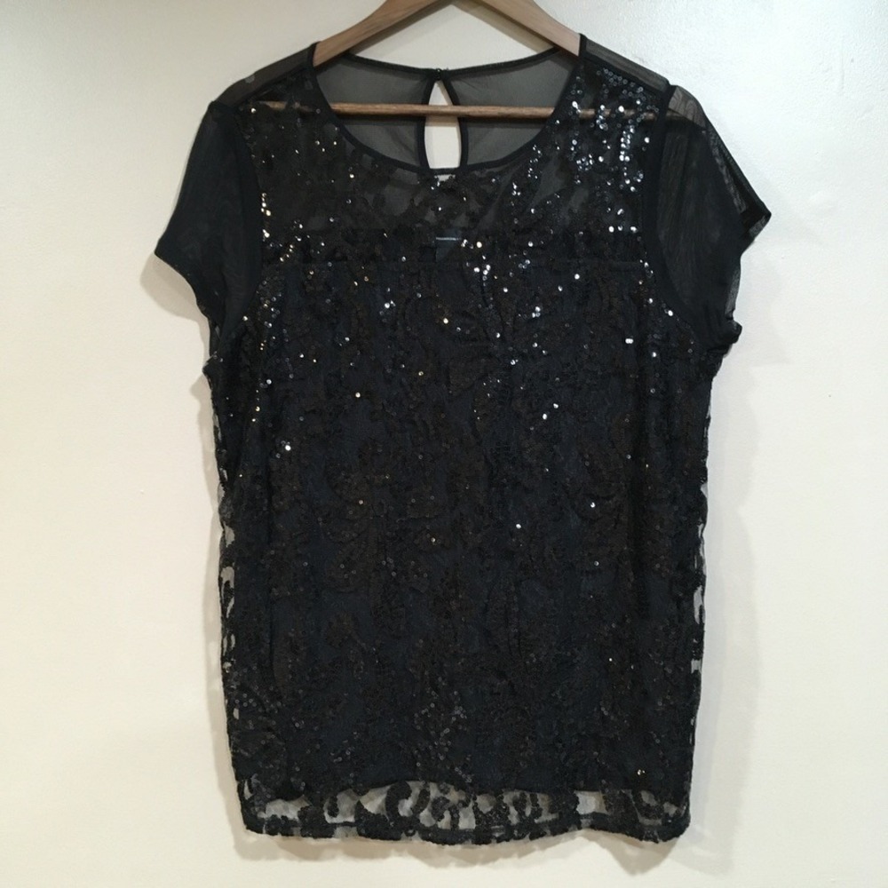 INC International Concepts Sequin Mesh Blouse Top Womens L Black Glam Party NYE